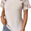 Ribbed Short Sleeve Tops For Women Lace Patchwork Crew Neck Shirts Dressy Casual Work Blouses Summer Fshion Tunics (Teal)