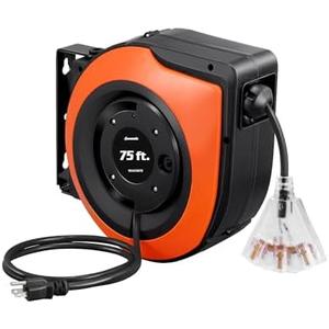 DEWENWILS Retractable Extension Cord Reel, 75 FT Heavy Duty Power Cord, 14/3C SJTOW, Lighted Triple Tap Outlets, 10A Circuit Breaker, Wall/Ceiling Mounted for Garage, Workshop, UL Listed