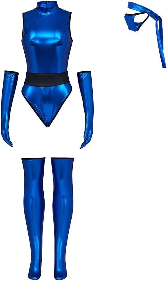 RocailleCos Mortal MK Kitana Cosplay Costume Female Sexy Blue Jumpsuit Kombat Suit with Mask Ninja Fighter Outfit, Medium