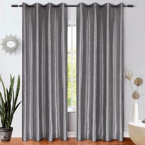 WUBODTI Dark Grey Silver Curtains for Bedroom 2 Panels 96 Inches Long, Shiny Metallic Faux Silk Satin Curtains Modern Light Filtering Thermal Insulated Shimmer Curtain for Living Room Dining Room