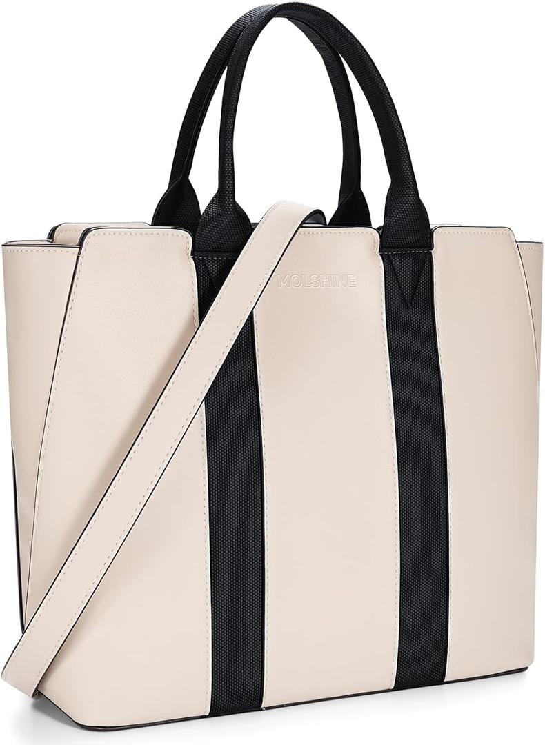 molshine Women's Colorblock Medium Tote Bag, Casual Satchel Shoulder Bag Briefcase for Lady Work Office School Travel (Beige & Black)