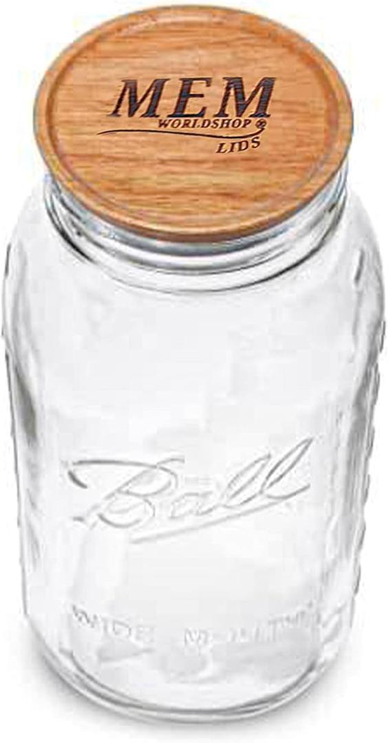 Ball Wide Mouth Mason Jar 9.9 Cup (1 Pack) With M.E.M Wooden Storage Lid for Storage, Grains, Herbs, Pasta, Coffee, Cookies