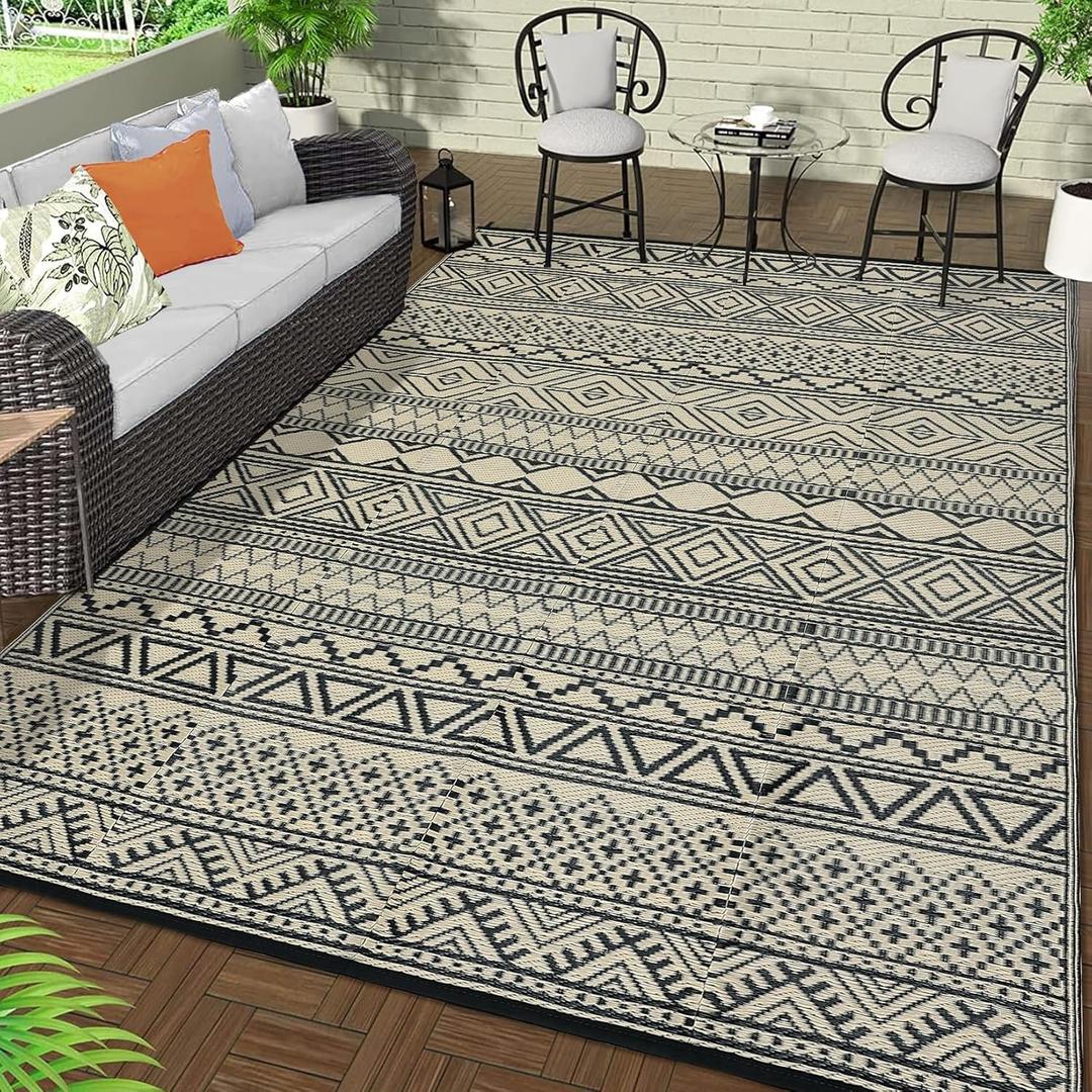 GAOMON Outdoor Rug Waterproof 8'x10', Reversible Outdoor Plastic Straw Rug, Boho Patio Rug, Indoor Outdoor Carpet, RV Mat Outside for Patio, Camp, Picnic, Balcony, Deck, Black/Coffee (Bohemia)
