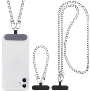 Canlierr 2 Pack Phone Chain Crossbody Phone Strap Lanyard Metal Neck Wrist Bracelet Chain Charm with Tether Tab for Women(Silvery)