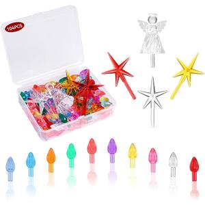104 PCS Ceramic Christmas Tree Lights Replacement Bulbs, 10 Colors Vintage Ceramic Christmas Tree Lights & Bulbs - Light Bright Pegs with Angel and Star Toppers