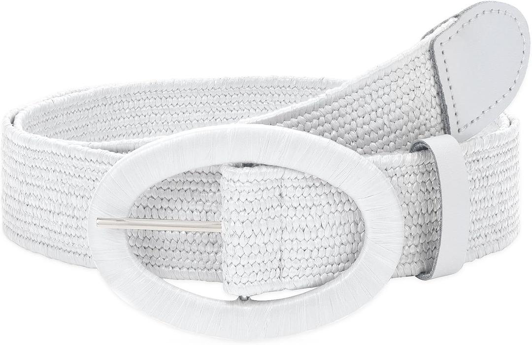 WHIPPY Women Straw Woven Elastic Stretch Waist Belt, Boho Braided Skinny Dress Belts for Women (M: Fit Waist Size Below 35 Inches, White)
