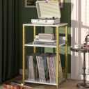 Large White Marble Record Player Stand with Golden Metal Frame, 3 Tier 18" Wide Big End Table with Vinyl Storage Up to 130 Albums, Industrial Turntable Printer Tables for Living Room, Office