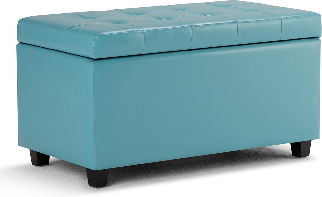SIMPLIHOME Cosmopolitan 34 inch Wide Transitional Rectangle Storage Ottoman in Soft Blue Vegan Faux Leather, Assembled, For the Living Room, Entryway and Family Room