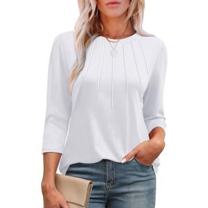 XIEERDUO 3/4 Length Sleeve Womens Tops Round Neck Casual Tunic Tops Basic Pleated Shirts Loose Fit 2025 (Large, White)