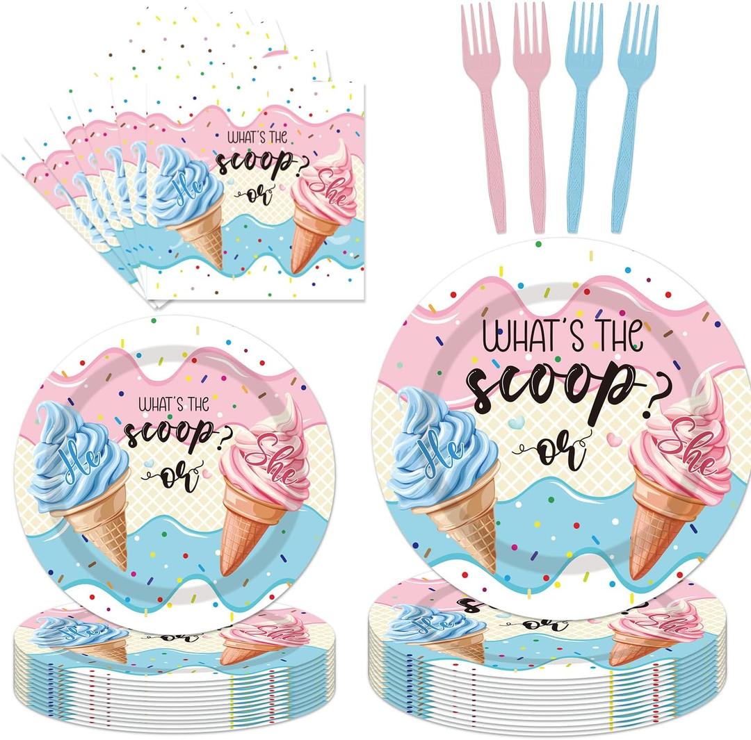 96PCS Whats The Scoop Plates and Napkins Party Supplies Whats The Scoop Gender Reveal Decorations Ice Cream Gender Reveal Party Decorations Disposable Paper Tableware Set Serves 24 Guests