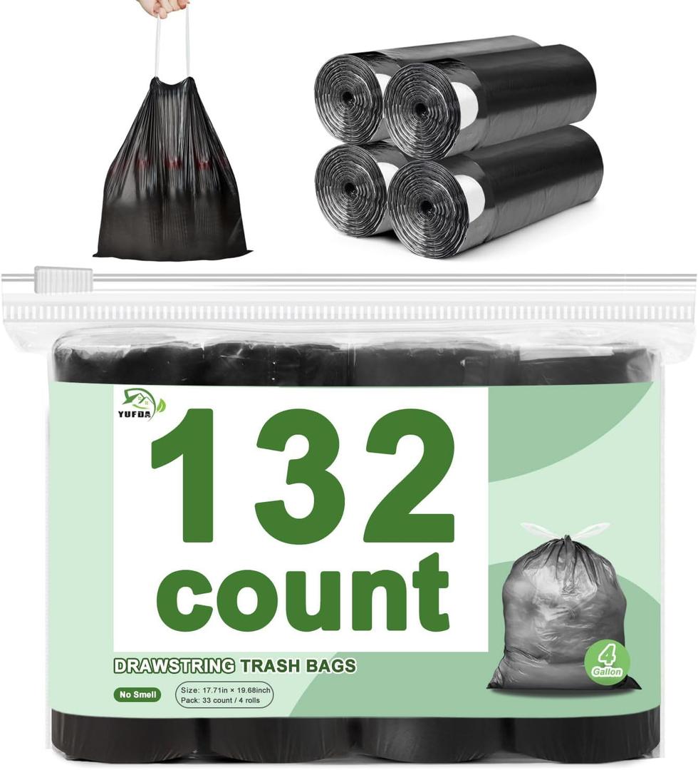 132 Count-Small Trash Bags, 4 Gallon Trash Bag Drawstring,Bathroom Garbage BagsTear-Free Garbage Bags Plastic Wastebasket Liners for Toilet Home Office and Bedroom(Black)