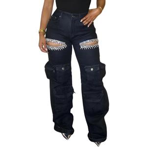 Ryehack Women's Rhinestone Cargo Jeans High Waisted Wide Leg Ripped Baggy Distressed Sparkly Y2K Denim Pants Black M