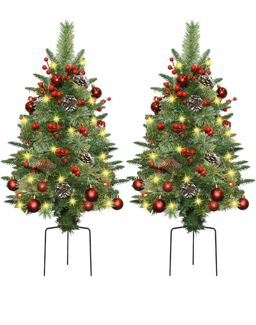 Prelit Porch Christmas Trees Set of 2-30 Inch Outdoor Christmas Trees with 70 LED Lights, 300 PE & PVC Branches Tips with Pine Cones, Red Berries and Ball Ornaments for Holiday Decor
