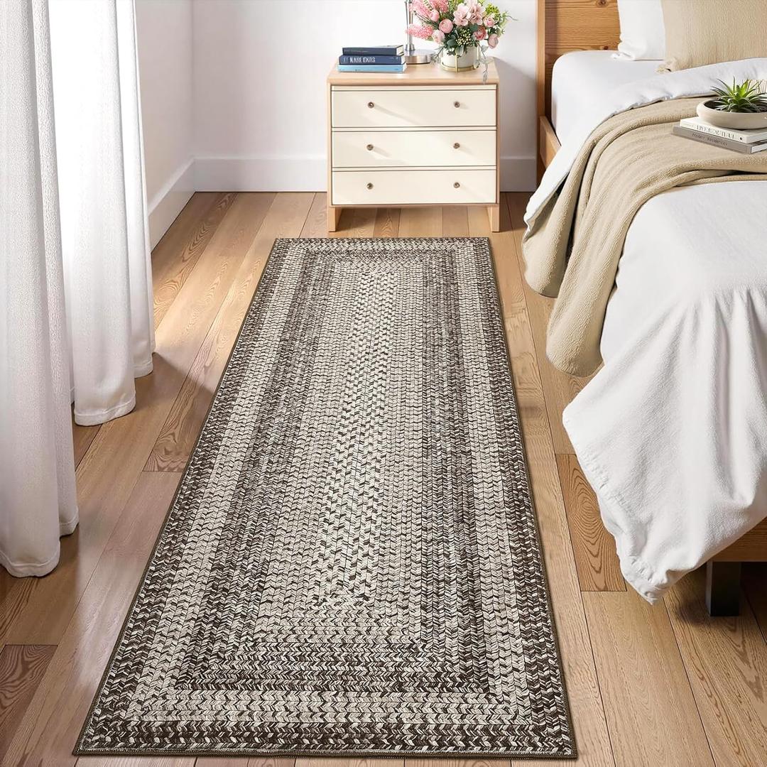 RUGSREAL Runner Rug for Hallway Kitchen Runner Rug 2x10, Machine Washable Long Runner Throw Carpet with Rubber Backing, Stain Resistant Braided Printed Entryway Carpet for Bedroom Living Room, Mocha
