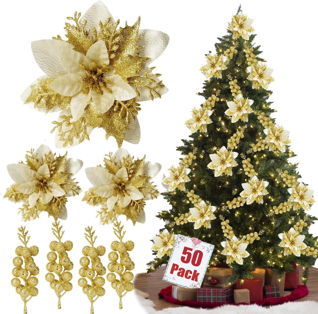50pcs Glitter Poinsettia Christmas Ornaments, Artificial Flowers with Clips Stems for DIY Wreath Making, Holiday Home Party Decorations, Indoor Use (Gold)