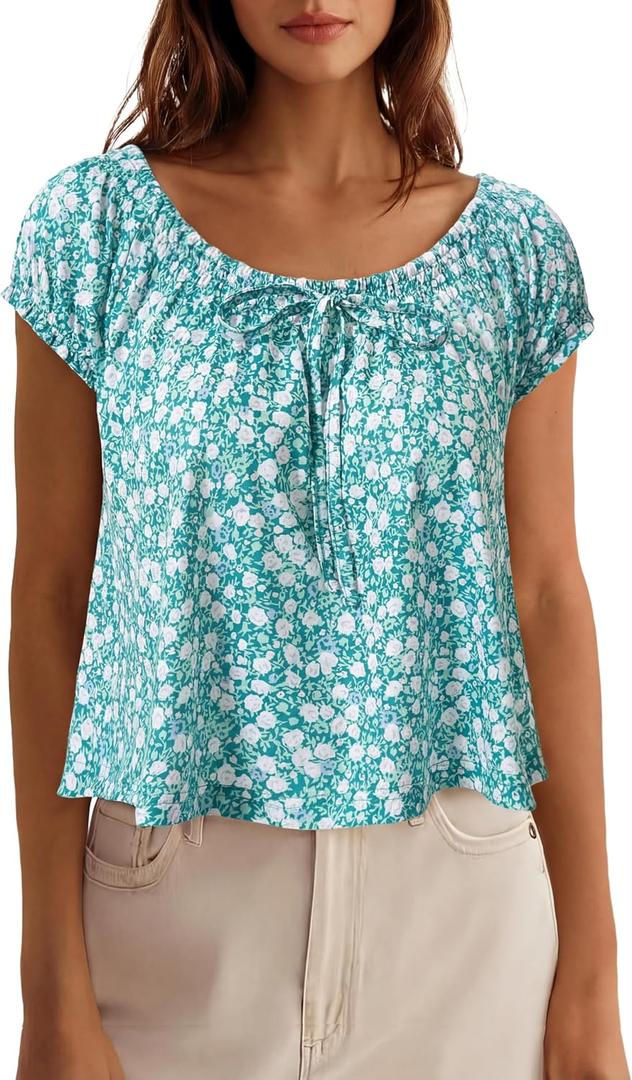 Loemes Women Summer Crewneck Babydoll Tops Cute Peplum Casual Short Sleeve Loose Fit Flowy Blouses 2026 (M)