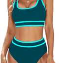 Blooming Jelly Women's Bikini Sets High Waisted Two Piece Swimsuits Sporty Color Block Cheeky High Cut Bathing Suits (X-Large, Teal)