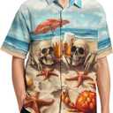 Mens Beer Skull Print Button Down Shirt Fun Hawaiian Shirts Casual Beach Shirt Short Sleeve (XL)