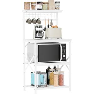 Furologee Kitchen Bakers Rack with Hutch, Coffee Bar Station 4 Tiers, Microwave Oven Stand with 6 S Hooks and Pegboard, Kitchen Microwave Rack for Spice Organizer Workstation, White (22inch)