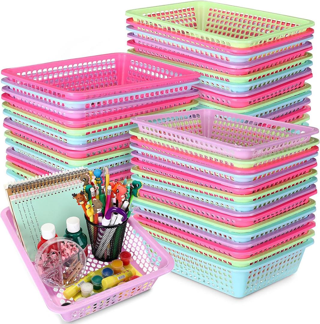 Zhehao 48 Pack Classroom Storage Baskets, Small Plastic Storage Baskets, Colorful Paper Organizer Trays, Pencil Crayon Pencil Containers for School Home Office Supplies, 13. 6" l x 10. 2" W x 3. 3" H
