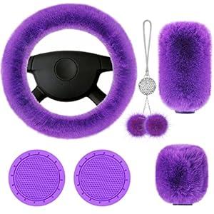 Frienda 6 Pieces Fluffy Car Accessories Set Bling Fluffy Steering Wheel Cover Soft Fuzz Handbrake Gear Shift Cover Bling Mirror Fuzz Car Pad Decoration (Black)