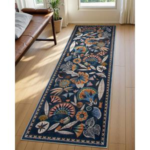 Zealude Egypt Floral Kitchen Runner Rugs Non Skid Washable,2x8 Boho Vintage Hallway Bathroom Runner Rug Non Slip,Soft Long Carpet for Laundry Room Entryway Bedroom (Dark Blue,2 x 8)
