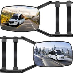 Car Towing Mirrors, 2Pcs Black, Extendable Towing Mirrors for Trucks & SUVs, Clip-On/Strap-On Universal Fit, Frameless Glass for Wider View, Anti-Vibration, Easy Installation