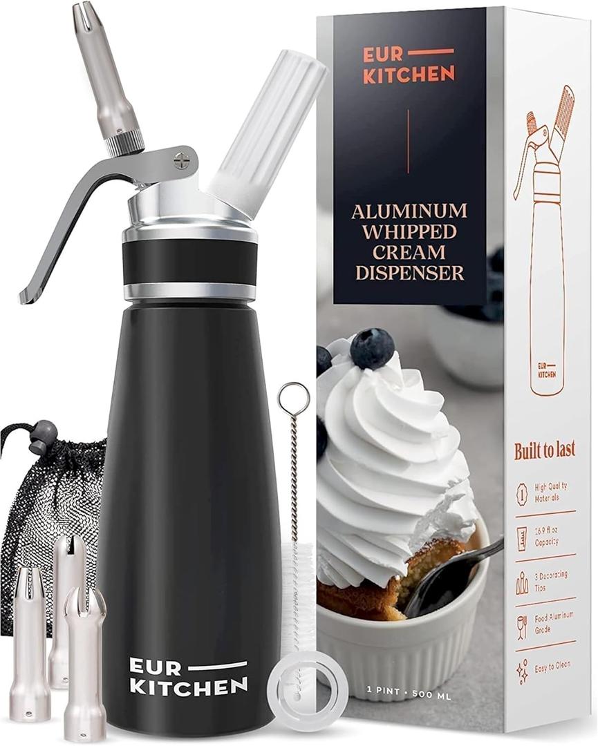 EurKitchen Professional Aluminum Whipped Cream Dispenser - Leak-Free Whip Cream Maker Canister with 3 Decorating Nozzles & Cleaning Brush - 1-Pint / 500 mL - N2O Chargers (Not Included)