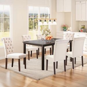 COLAMY 7-Piece Dining Table Set for 6, 60" Rectangular Wooden Kitchen Table with 6 Tufted Dining Room Chairs, Brown/Beige