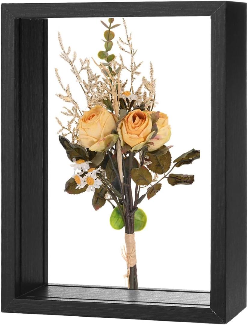 M METERXITY 1-Pack Dried Flower Frame, 5 x 7 Inch Double Acrylic Wooden Dried Flower Photo Floating Frame for Tabletop/DIY/Handicrafts [Black]
