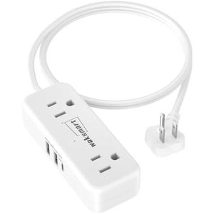 Flat Plug Extension Cord 3 Feet with 4 AC Outlets 3 USB Ports (5V/3.4A 17W), Flat Plug Power Strip Compact for College Dorm, Travel, Home, White
