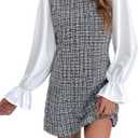WDIRARA Women's Colorblock Plaid Stand Collar Flounce Sleeve Frill Trim Tweed A Line Mini Dress, S