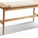 33.5" L Wood Dining Bench Indoor, 100% Natural Solid Oak Bed Bench Hand Woven Enterway Bench Small Bench for Dining Room, Bedroom, Kitchen (Creamy White)