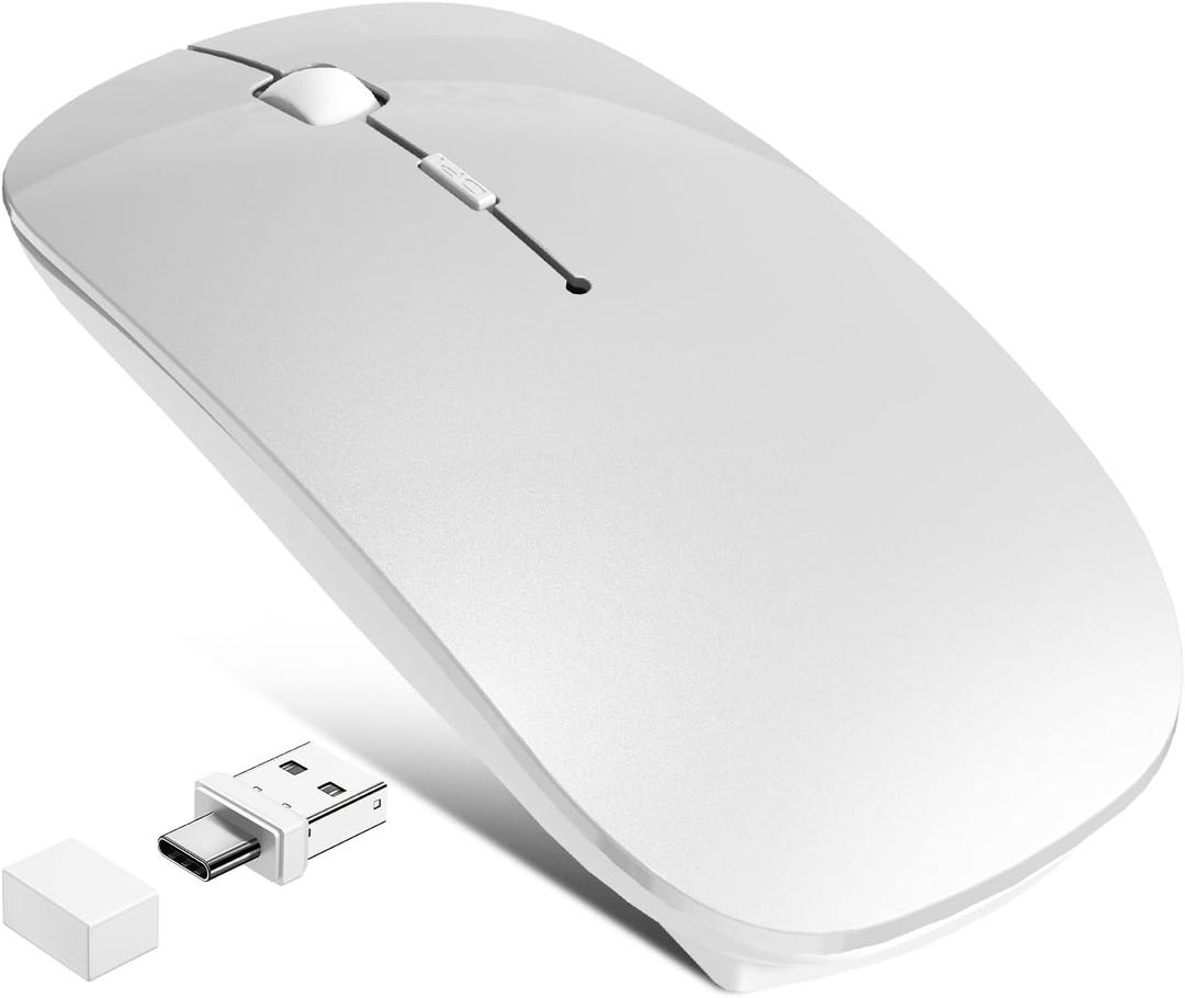 Bluetooth Wireless Laptop Mouse for MacBook Air iPad Mac, 2.4G Rechargeable Computer Mouse with Jiggler Mode, Silent Optical 2 Mode Bluetooth 5.2/3.0 & 2.4G USB-A/Type C Portable Mice, Silver