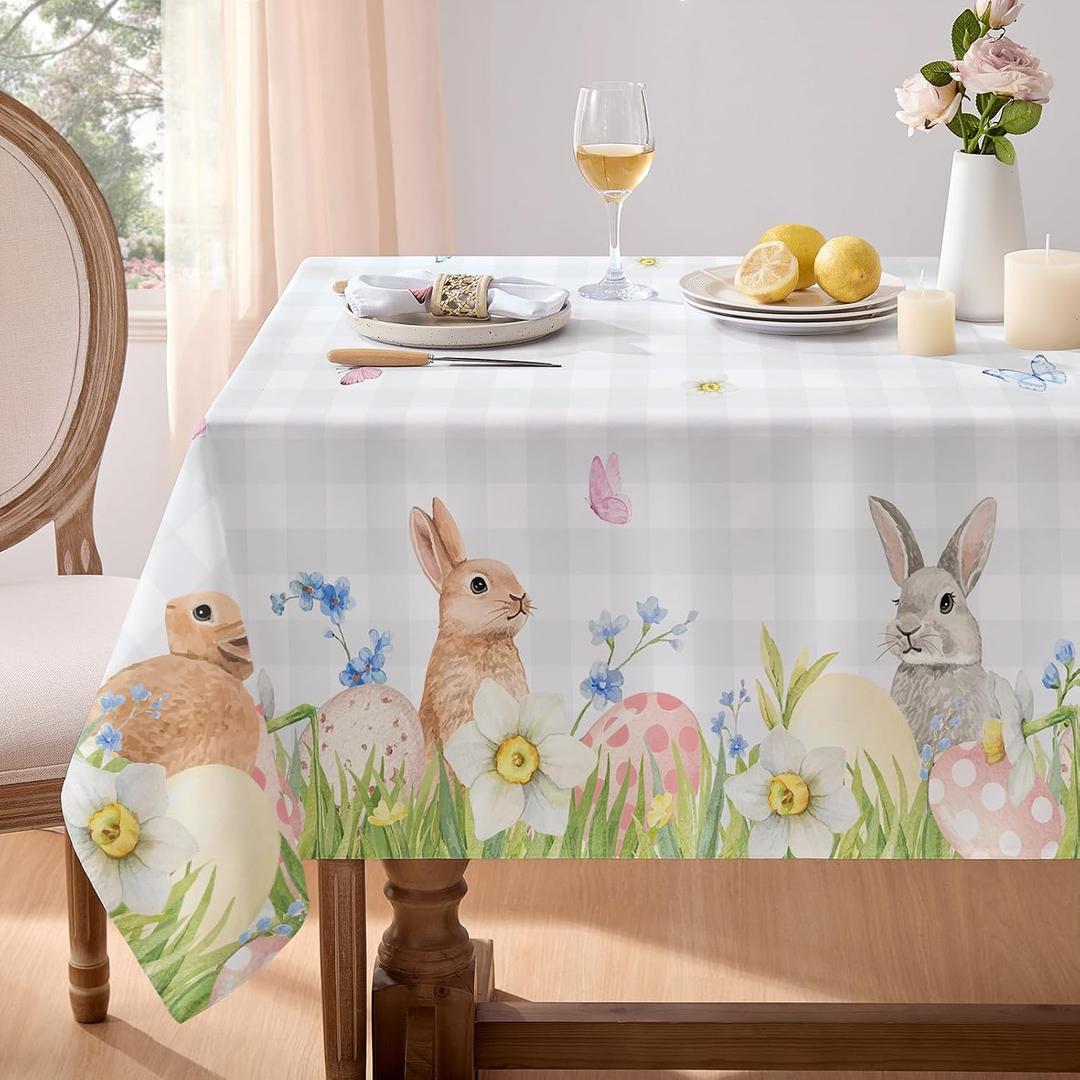 Softalker Spring Easter Tablecloth Rectangle - Bunny & Eggs Buffalo Plaid Flower Table Cloths, Stain Resistant Wrinkle Free Table Covers for Dinner/Party/Picnic/Outdoor, Grey Checkered 60 x 144 Inch