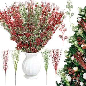 60 Pcs Christmas Tree Picks Decorations Red Green Glitter Curly Berry Stem Candy Picks Artificial Glittery Sticks Branches Twigs for Home Vase Wreath Xmas Tree Topper Filler Decor (12'',17'')