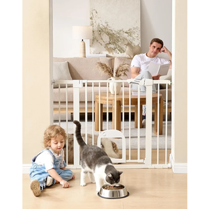 Babelio Baby Gate with Adjustable Cat Door,29-43" Auto Close Durable Pet door for Stairs,Doorways and House,Pressure Mounted,Easy Install,Effortless Walk Thru,White