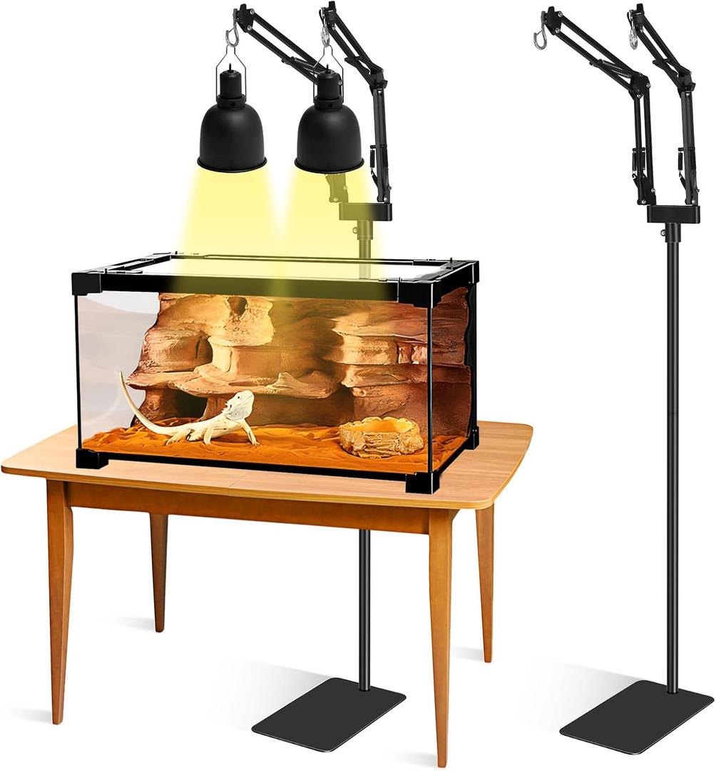 Dual Reptile Lamp Stand - Adjustable Height (15.7in to 74.3in) Metal Light Holder with 2 x 360 Adjustable Arms for Hanging Heat Lamp Fixture Dome Lampshades in Tank and Glass Terrarium