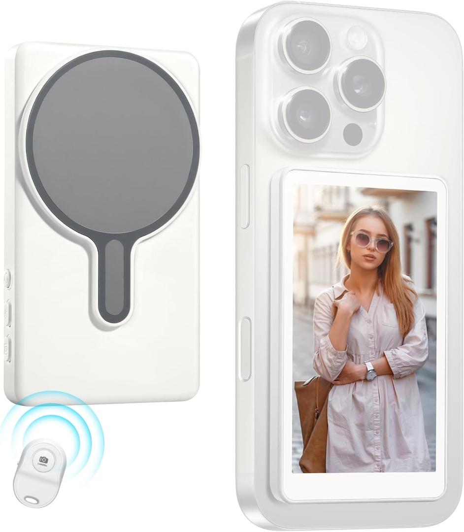 Magnetic Phone Vlog Selfie Monitor Screen  Back Camera Selfie Monitor  1080P Display can Wirelessly Connect to Mobile Phones  Rear Camera Selfie Screen with Remote Controller(White)