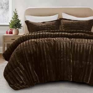 Madison Park Duke Luxe Faux Fur Reversible Comforter Set, Soft Plush Reverse, Modern Down Alternative Filling Cozy Bedding, Box Quilted Warm Cover, Matching Shams, Full/Queen, Chocolate 3 Piece