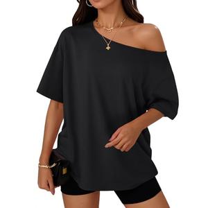 Trendy Queen Womens Off the Shoulder Tops Oversized T-Shirts Short Sleeve Tees Summer 2026 Casual Spring Clothes Workout Gym Y2k Cute Going Out Plus Size Fashion Clothing Black L