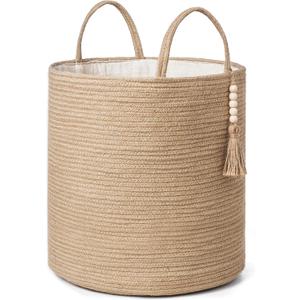 Mkono Tall Wicker Laundry Basket Woven Storage Basket Decorative Natural Rope Basket Wooden Bead Decoration for Blankets,Toys,Clothes,Shoes,Plant Organizer Bin with Handles Living Room 15"Wx17.7"L (Brown)