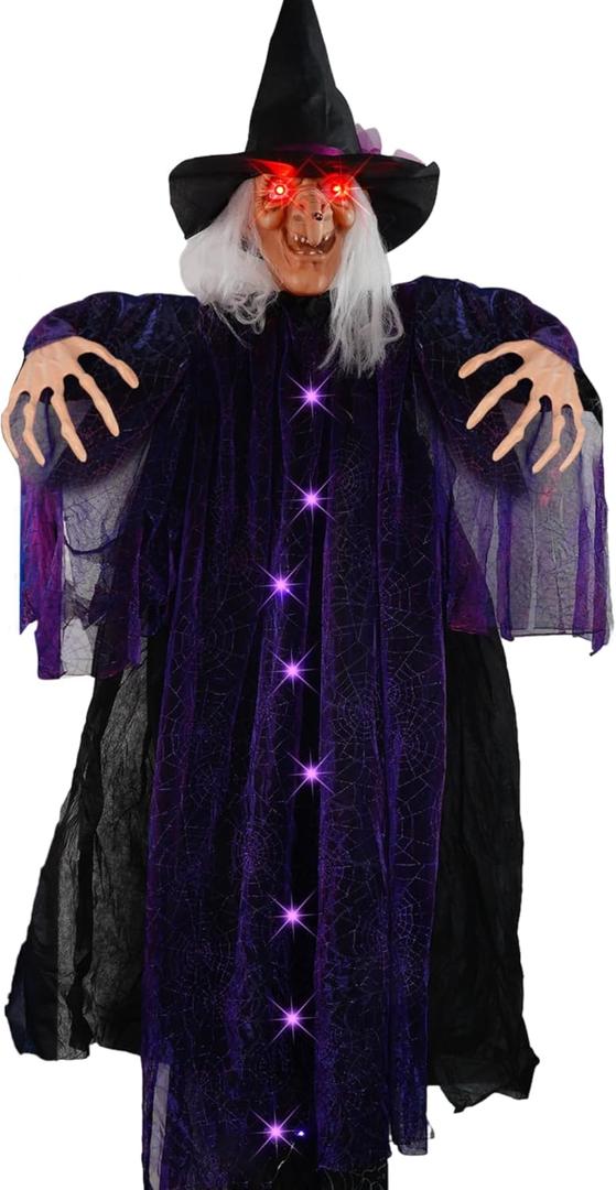 FUNPENY 6 FT Hanging Witch Outdoor Halloween Decorations, Light Up Hanging Witch with Sound Activation for Halloween Haunted House Props Party Supplies Yard Outdoor Indoor Decor