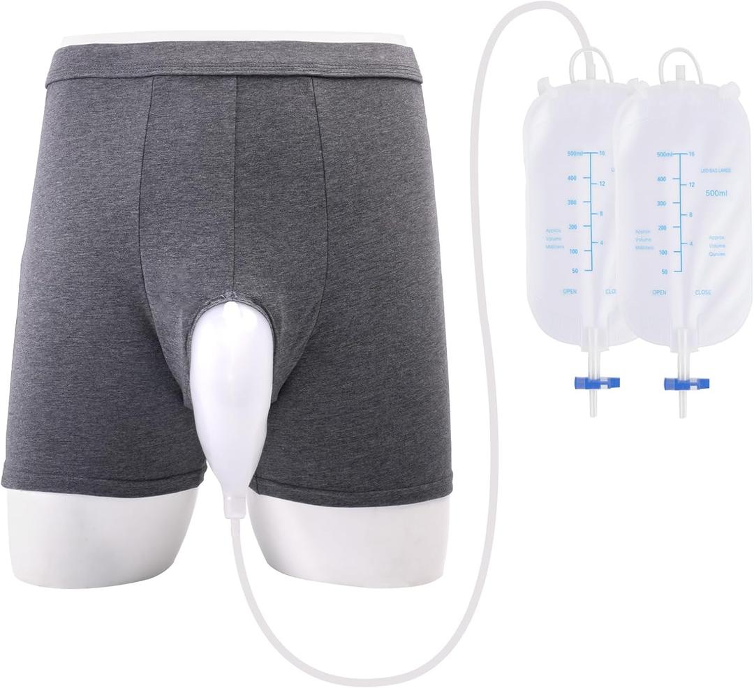 Urine Collection Bag,Wearable Urine Bag for Man,Portable Silicone Urine Drainage Device,with 500ml*2 Collection Device,Reusable,Non-Detachable Flat-cornered Style,Gray L