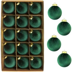 Green Velvet Balls Ornaments for Christmas Tree 15 PCS, 3.15 Inch Big Shatterproof Christmas Bulbs Ornaments Set-Decorative Hanging Baubles, Flocked Classic Decorations for Holiday(Emerald Green)