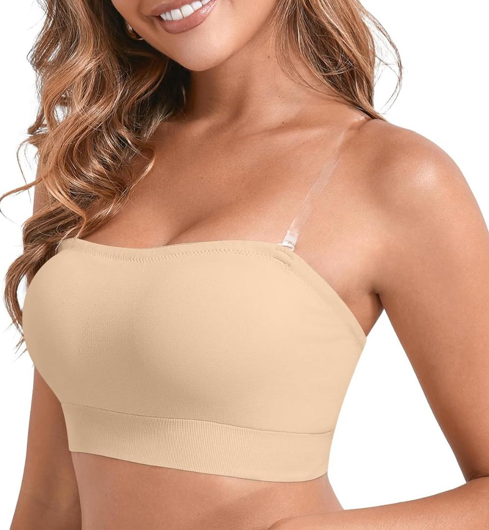 DEANGELMON Strapless Bras for Women Wireless Push Up Non-Slip Bandeau Bra Seamless Clear Straps TubeTop Padded Bralette,XSMALL