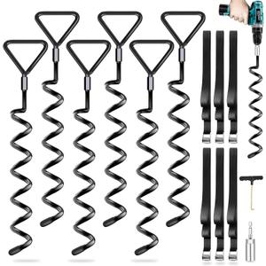 Trampoline Stakes Ground Anchors Screw in, Trampoline Anchors with Strong Straps, Spiral Earth Swing Set Anchor Heavy Duty for Trampolines(Black-6Pack)