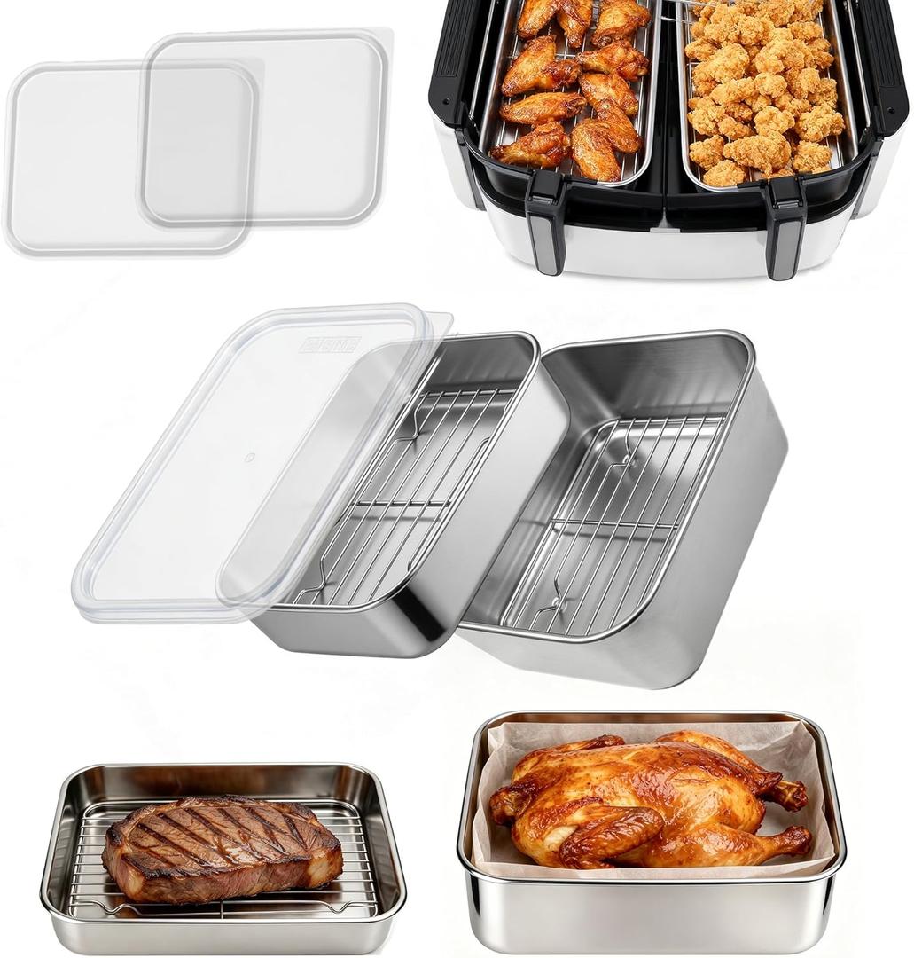 6-Piece Air Fryer Accessories Set, Stainless Steel Air Fryer Rack With Lids, 2 Depths (5cm & 8cm), Compatible with Ninja, Cosori, Philips, Fits 8-10QT Rectangle Dual Basket Air Fryers, BPA Free