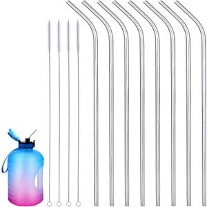 Geiserailie 8 Pieces 14 Inch Reusable Stainless Steel Straws Long Drinking Straws for 100 oz Tumblers, Extra with 4 Pieces Cleaning Brush(Silver)