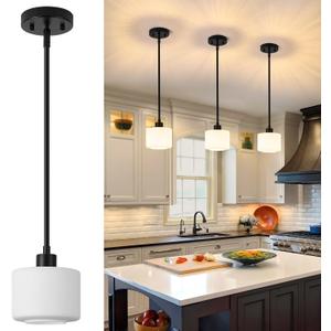 Milk Glass Pendant Light Kitchen Island, 1-Light Modern Black Hanging Light Fixtures with Rods, Mini Kitchen Pendant Lighting Over Island for Sink Bathroom